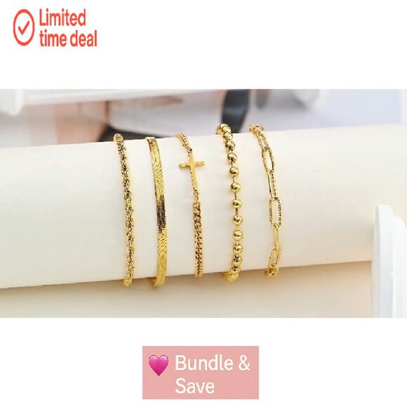 14k Gold Plated Snake Cuban Link Bracelet Set Stackable Christian Jewelry - Picture 8 of 8